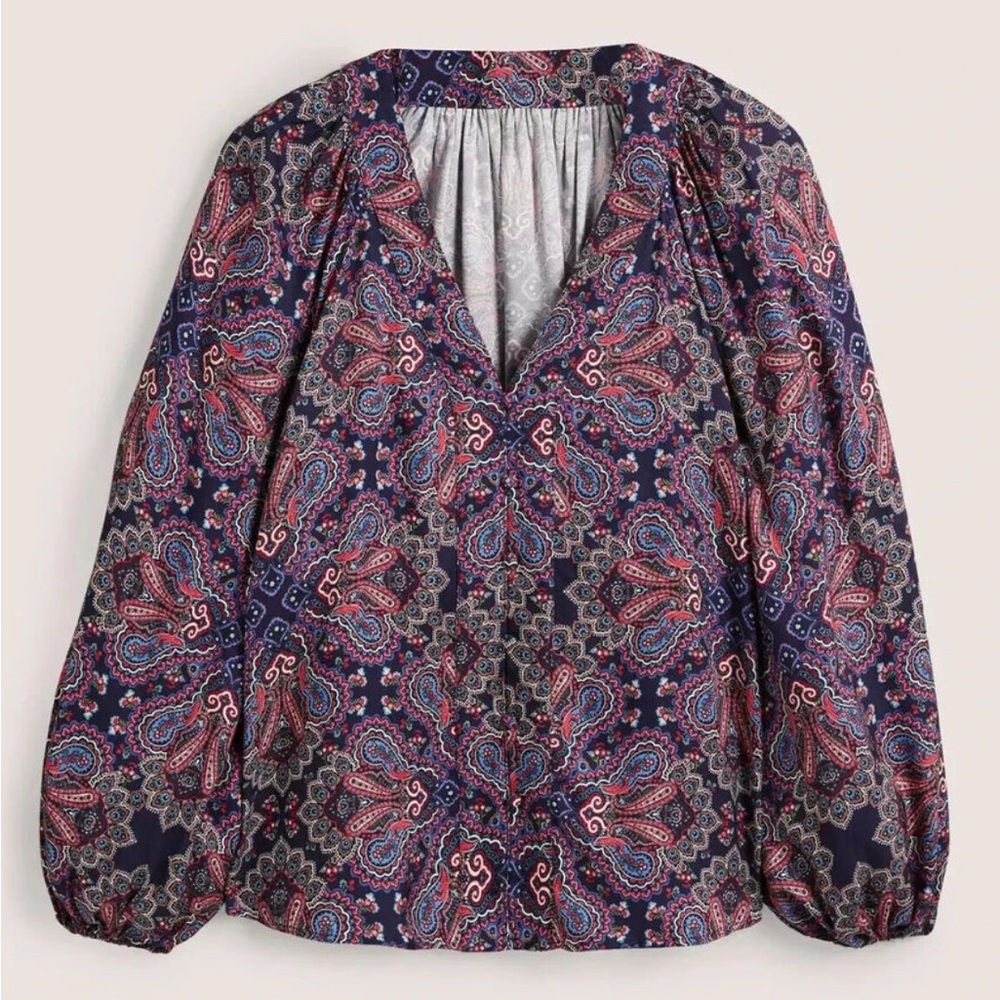 Boden | Placement Border Print V-Neck Blouse T1082 Sz 2 Navy Botanic Paisley